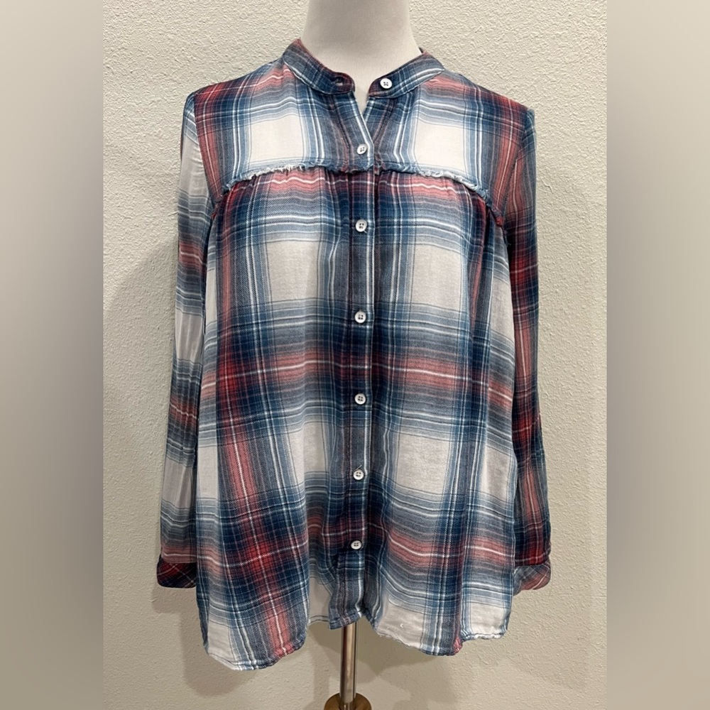 Cloth and Stone Anthropologie XS Plaid Fringe Trim Swing Tunic Top Button Shirt